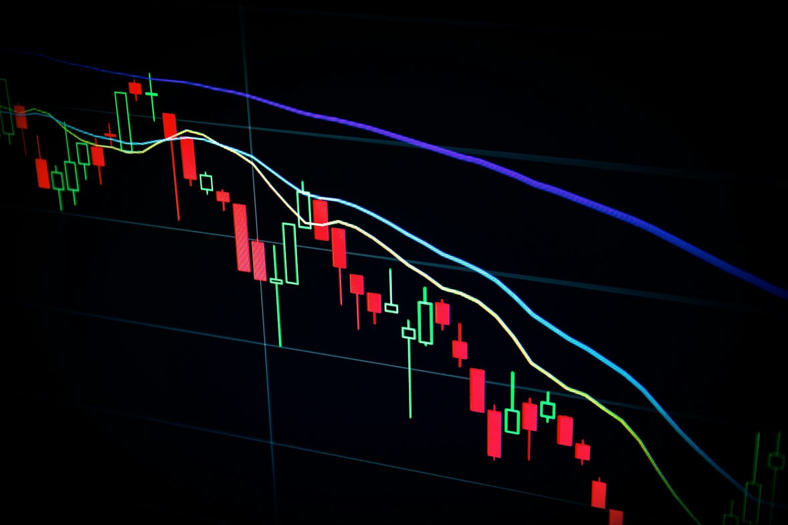Stock market candlestick chart on a dark screen illustrating economic indicators