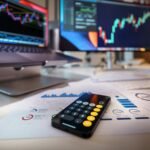 Calculator on a desk with financial charts behind it